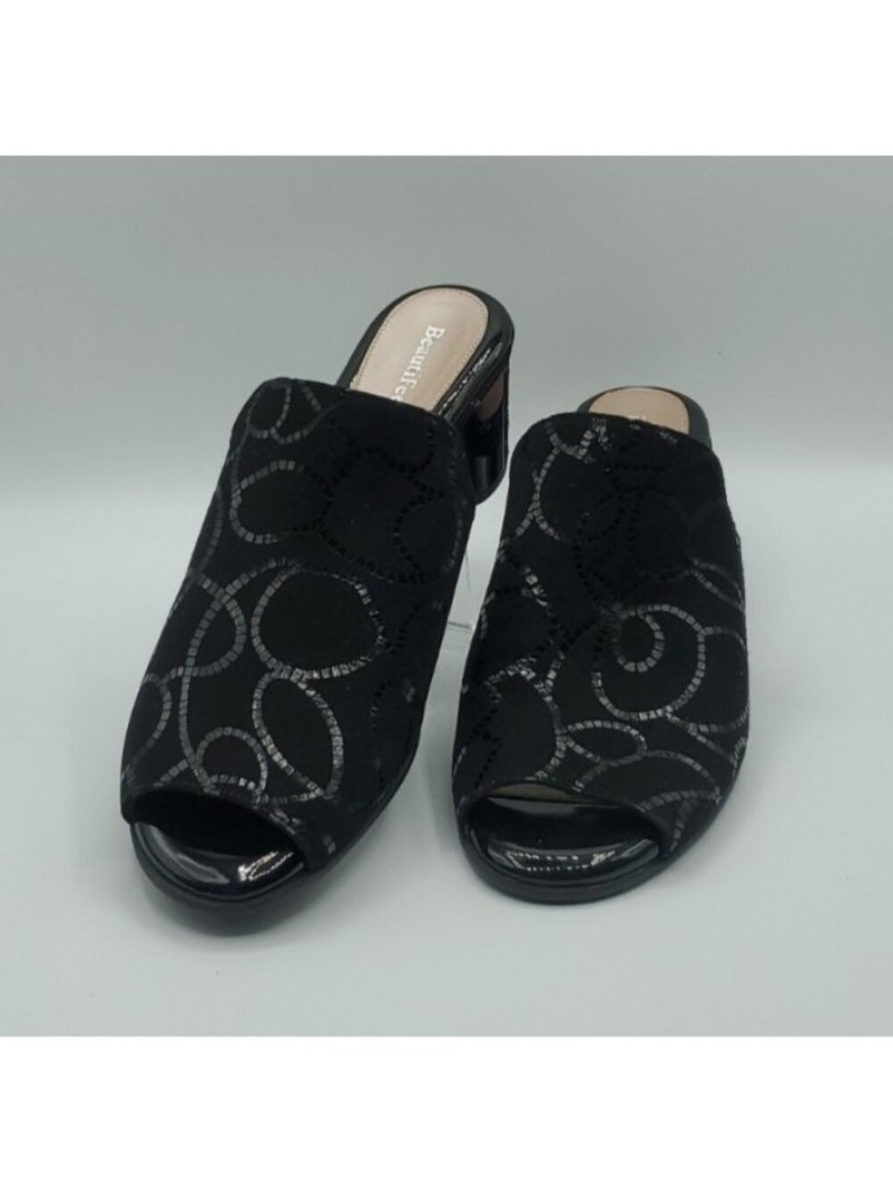 BEAUTIFEEL Black Suede Leather Embossed Pattern Mules Slip On Size 39 / 8